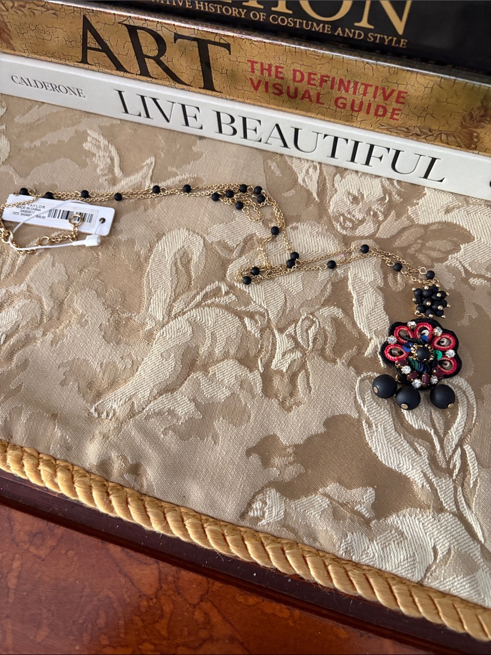 Ann Taylor Black and Gold Bead Pendant Long Necklace